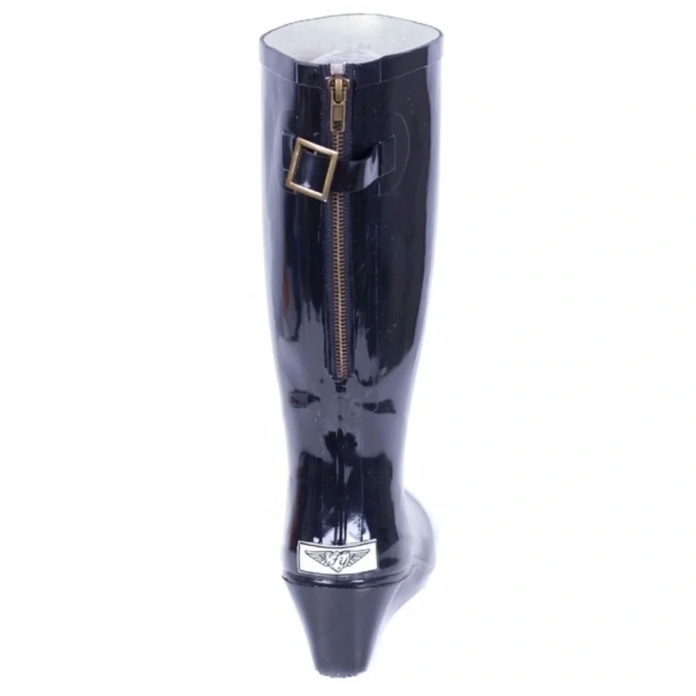 Women's Black Wedge Rubber Rain Boots Wellies